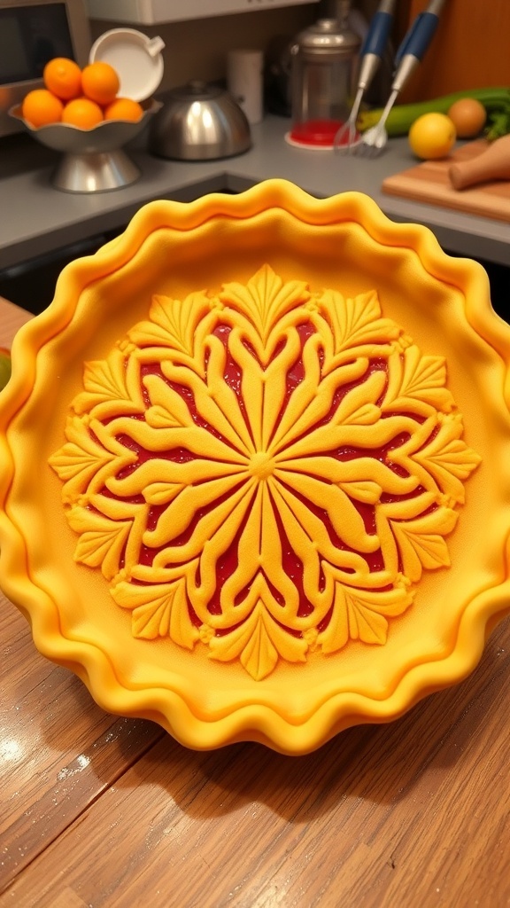 A unique 3D printed pie crust with intricate designs, ready for filling, in a modern kitchen.